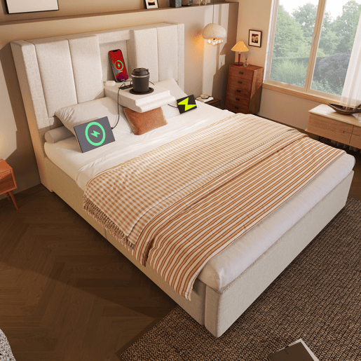 Cama estofada 90x200 cm - Cama individual com porta-copos oculto e estação de carregamento - Bege