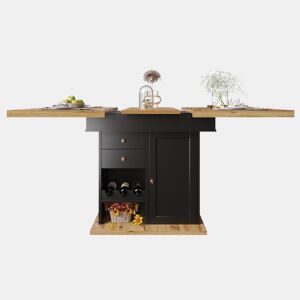 Mesa extensível telescópica 110-140×80 cm - Mesa com prateleira para snacks e vinho - Preto, Natural