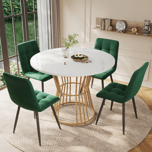 Conjunto de sala de jantar de 5 peças - Mesa redonda de 100 cm - 4 cadeiras de veludo verde