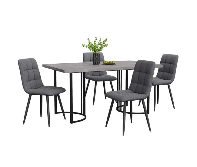 Conjunto comedor 5 piezas 140×80 cm - mesa con 4 sillas, estructura metálica negra, mdf gris, sillas lino gris oscuro