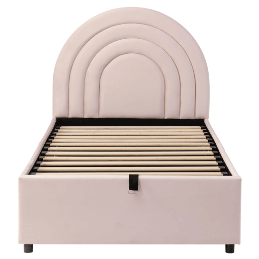 Cama estofada 90x200 - Cama individual com cabeceira e estrado de ripas - Rosa