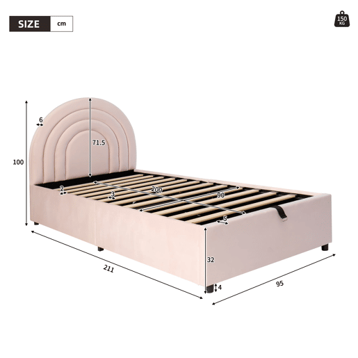 Cama estofada 90x200 - Cama individual com cabeceira e estrado de ripas - Rosa