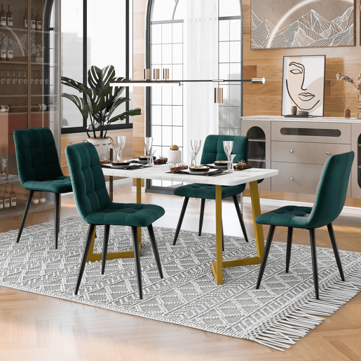 Conjunto de sala de jantar 117 cm - Mesa retangular moderna com 4 cadeiras, veludo verde, pernas douradas