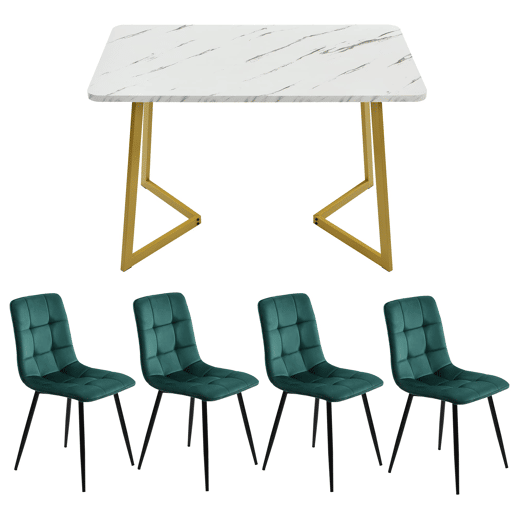 Conjunto de sala de jantar 117 cm - Mesa retangular moderna com 4 cadeiras, veludo verde, pernas douradas