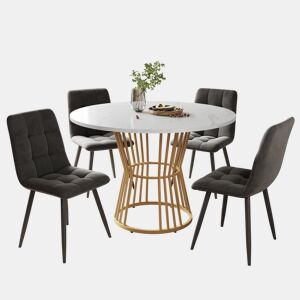 Conjunto de sala de jantar de 5 peças - Mesa redonda de 100 cm com 4 cadeiras de veludo cinza escuro