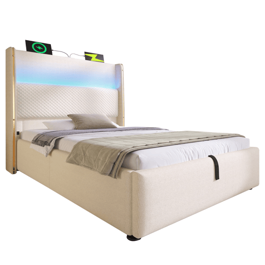 Cama hidráulica individual 90x200 cm - Cabeceira alta, arrumação, LED, portas USBType-C - Bege