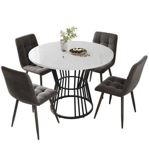 Conjunto de sala de jantar de 5 peças - Mesa redonda de 100 cm - 4 cadeiras de veludo cinza escuro
