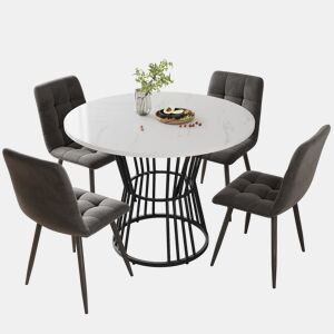 Conjunto de sala de jantar de 5 peças - Mesa redonda de 100 cm - 4 cadeiras de veludo cinza escuro