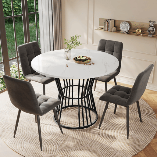 Conjunto de sala de jantar de 5 peças - Mesa redonda de 100 cm - 4 cadeiras de veludo cinza escuro