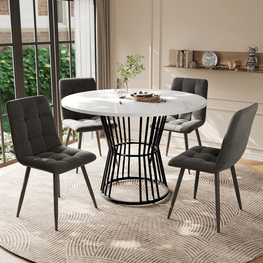 Conjunto de sala de jantar de 5 peças - Mesa redonda de 100 cm - 4 cadeiras de veludo cinza escuro