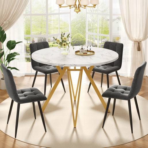 Conjunto de mesa e cadeiras 5 peças - Mesa redonda 100 cm, pernas metálicas douradas, cadeira cinzenta