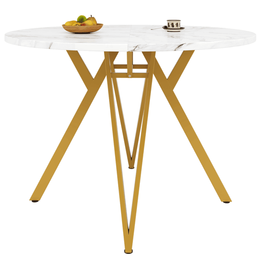 Conjunto de mesa e cadeiras 5 peças - Mesa redonda 100 cm, pernas metálicas douradas, cadeira cinzenta