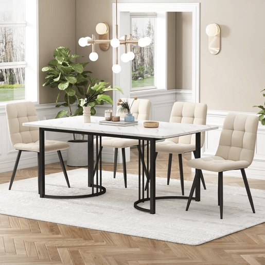 Conjunto de sala de jantar de 5 peças 140x80 cm - Mesa com 4 cadeiras de veludo bege - Estrutura metálica preta