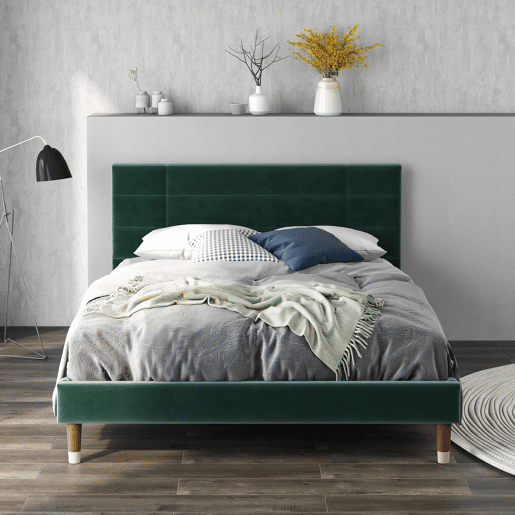 Cama estofada 140x200 cm - Com cabeceira, estrutura com estrado, veludo verde escuro