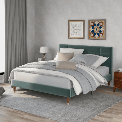 Cama estofada 140x200 cm - Com cabeceira, estrutura com estrado, veludo verde escuro