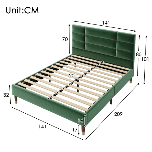 Cama estofada 140x200 cm - Com cabeceira, estrutura com estrado, veludo verde escuro