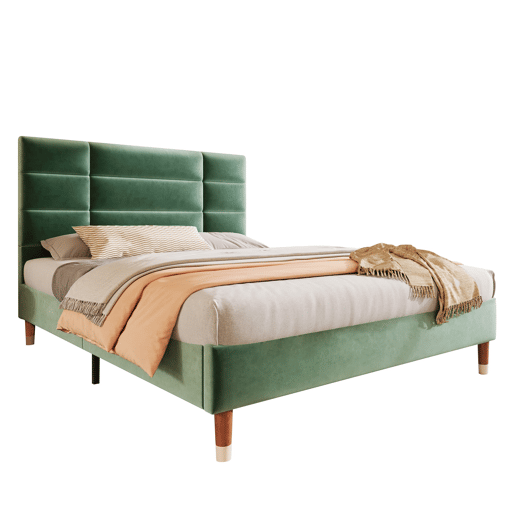 Cama estofada 140x200 cm - Com cabeceira, estrutura com estrado, veludo verde escuro