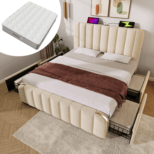 Cama Polsterbett 140x200 - Cabeceira acolchoada, carregador USB Tipo-C, 4 gavetas, bege