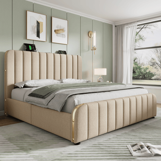 Cama Polsterbett 140x200 - Cabeceira acolchoada, carregador USB Tipo-C, 4 gavetas, bege