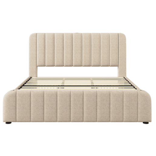 Cama Polsterbett 180x200 - Cabeceira acolchoada com franjas douradas, entrada USB, 4 gavetas, bege