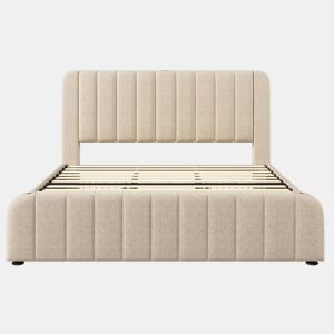 Cama Polsterbett 180x200 - Cabeceira acolchoada com franjas douradas, entrada USB, 4 gavetas, bege