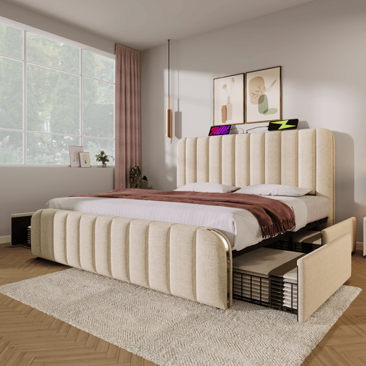 Cama Polsterbett 180x200 - Cabeceira acolchoada com franjas douradas, entrada USB, 4 gavetas, bege