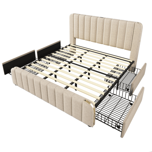 Cama Polsterbett 180x200 - Cabeceira acolchoada com franjas douradas, entrada USB, 4 gavetas, bege