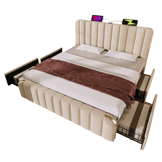 Cama Polsterbett 180x200 - Cabeceira acolchoada com franjas douradas, entrada USB, 4 gavetas, bege