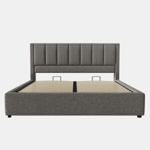 Cama estofada 160x200 cm - Cama de casal com suporte oculto para bebidas e estação de carregamento - Cinza