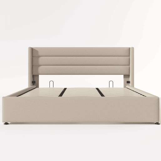 Cama estofada com arrumação 180x200 cm - Cama hidráulica, estrado de madeira e metal - Bege