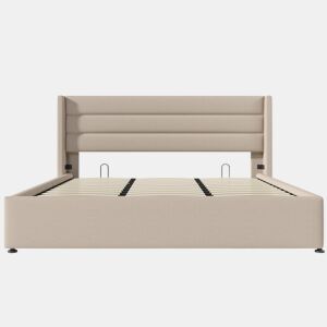 Cama estofada com arrumação 180x200 cm - Cama hidráulica, estrado de madeira e metal - Bege