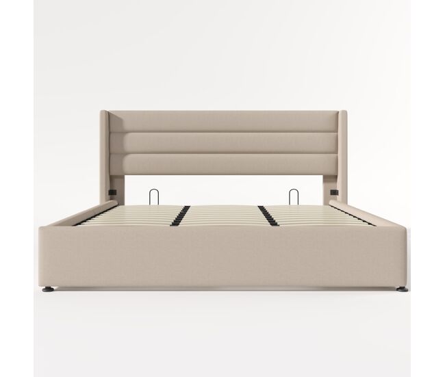 Cama tapizada con almacenamiento 180x200 cm - cama hidráulica, somier de madera y metal - beige