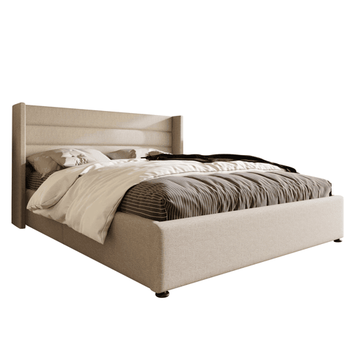 Cama estofada com arrumação 180x200 cm - Cama hidráulica, estrado de madeira e metal - Bege