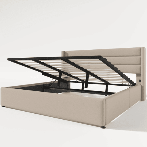 Cama estofada com arrumação 180x200 cm - Cama hidráulica, estrado de madeira e metal - Bege