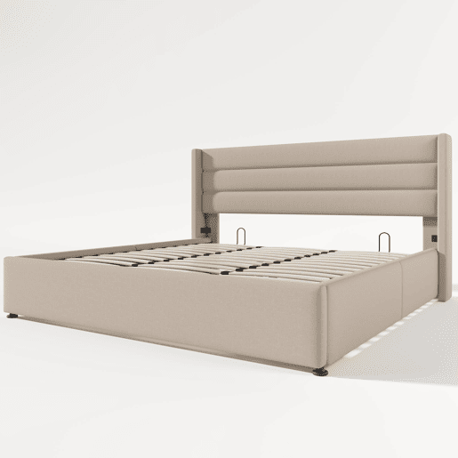 Cama estofada com arrumação 180x200 cm - Cama hidráulica, estrado de madeira e metal - Bege
