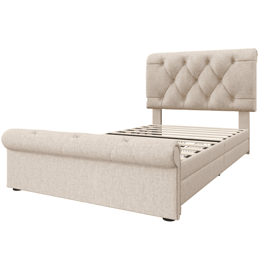 Cama individual 90x200 cm - Cama estofada com 2 gavetas e cabeceira ajustável - Natural
