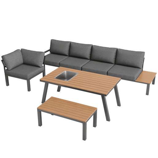 Conjunto de lounge de jardim para 6-7 pessoas - Móveis modernos, estrutura de ferro, mesa com cuba de gelo - Cinza