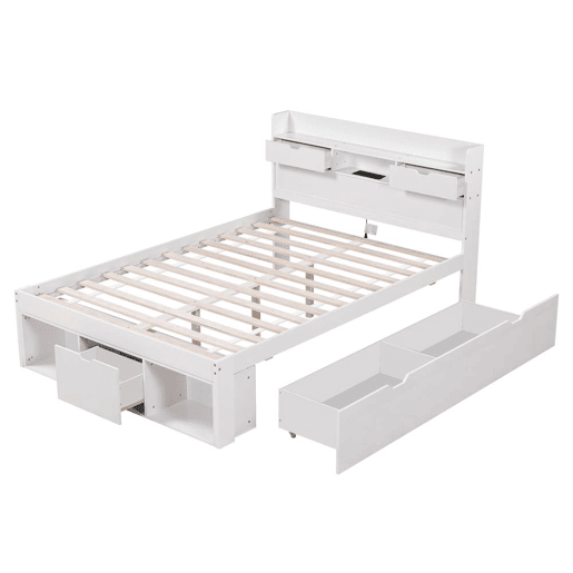 Cama de casal 160x200cm - Com porta USB, gavetas e armário, cama multifuncional, branca