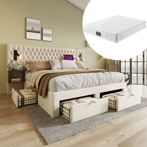 Conjunto completo cama estofada 160x200 cm - 2 mesas de cabeceira, 4 gavetas, luz LED USB - Bege