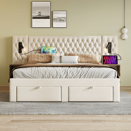 Conjunto completo cama estofada 160x200 cm - 2 mesas de cabeceira, 4 gavetas, luz LED USB - Bege
