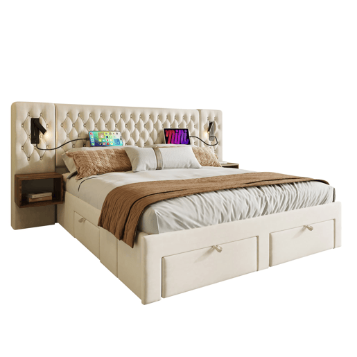 Conjunto completo cama estofada 160x200 cm - 2 mesas de cabeceira, 4 gavetas, luz LED USB - Bege