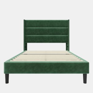 Cama estofada 90x200 cm - Com estrado e cabeceira, design moderno, verde escuro