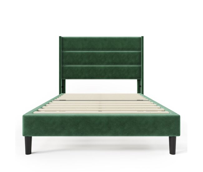 Cama tapizada 90x200 cm - con somier y cabecero, diseño moderno, verde oscuro