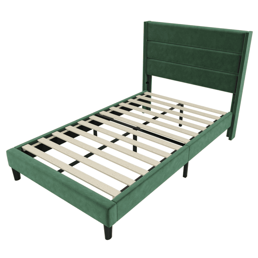 Cama estofada 90x200 cm - Com estrado e cabeceira, design moderno, verde escuro