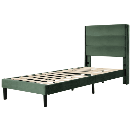 Cama estofada 90x200 cm - Com estrado e cabeceira, design moderno, verde escuro
