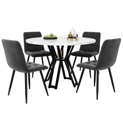 Conjunto de sala de jantar de 5 peças - Mesa redonda de 100 cm, pernas pretas, tampo em mármore branco, cadeiras em veludo cinzento - Multicolorido