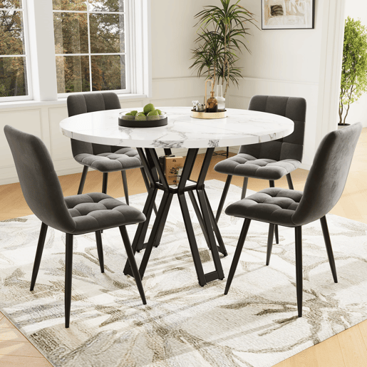 Conjunto de sala de jantar de 5 peças - Mesa redonda de 100 cm, pernas pretas, tampo em mármore branco, cadeiras em veludo cinzento - Multicolorido
