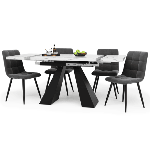 Conjunto de sala de jantar de 5 peças 160x80cm - Mesa extensível com 4 cadeiras de veludo cinzento - Branco e preto