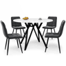 Conjunto de mesa e cadeiras de 5 peças - Mesa redonda de 100 cm, pernas metálicas pretas, tampo em MDF, cadeiras em linho cinzento