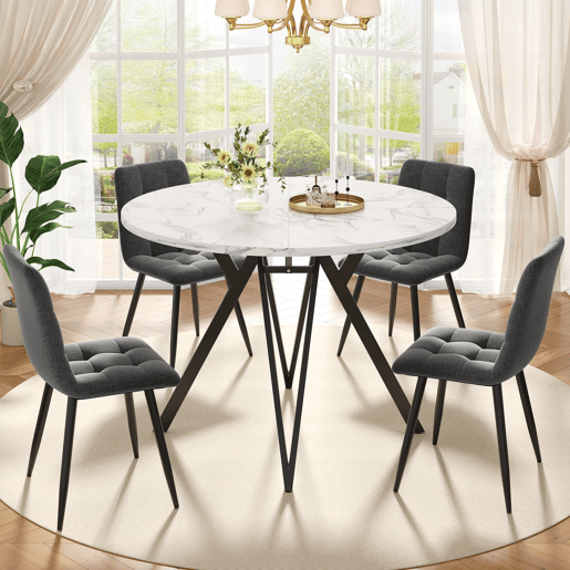 Conjunto de mesa e cadeiras de 5 peças - Mesa redonda de 100 cm, pernas metálicas pretas, tampo em MDF, cadeiras em linho cinzento